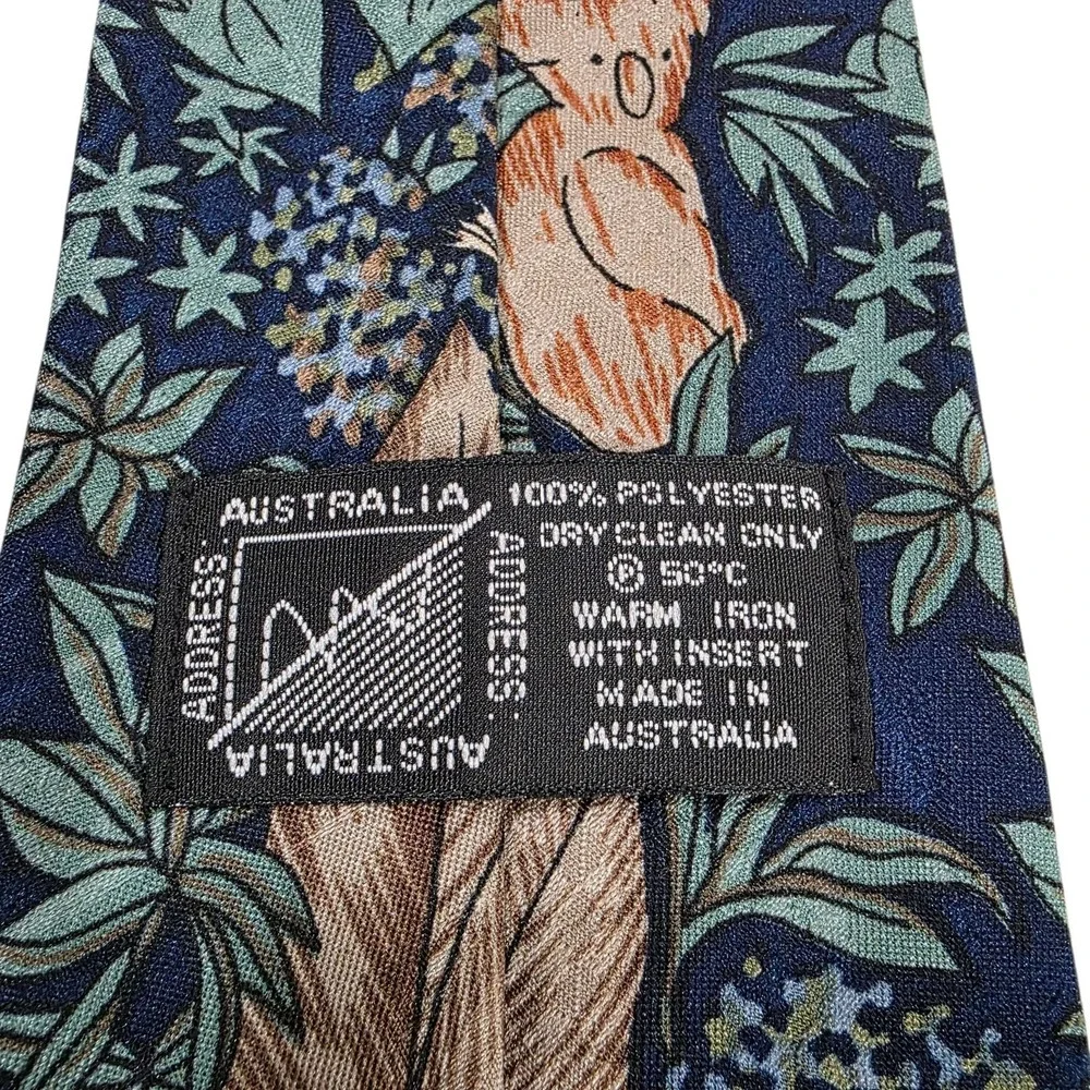 Australian Koala & Kangaroo Botanical Print Silk Necktie Blue‎ Green Handmade